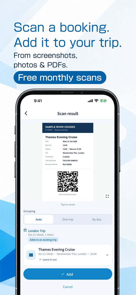 Scan a booking. Add it to your trip. From screenshots, photos and PDFs. Free monthly scans — the scan result screen