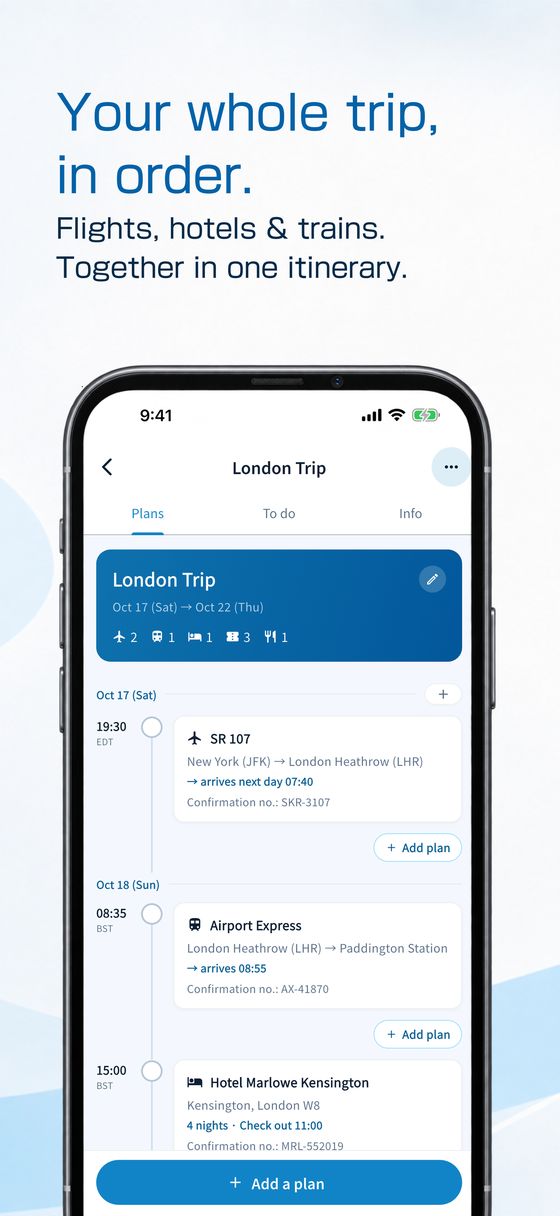 Your whole trip, in order. Flights, hotels and trains together in one itinerary — a London trip