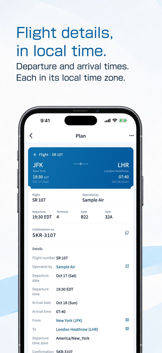 Flight details, in local time. Departure and arrival times, each in its local time zone — a flight plan