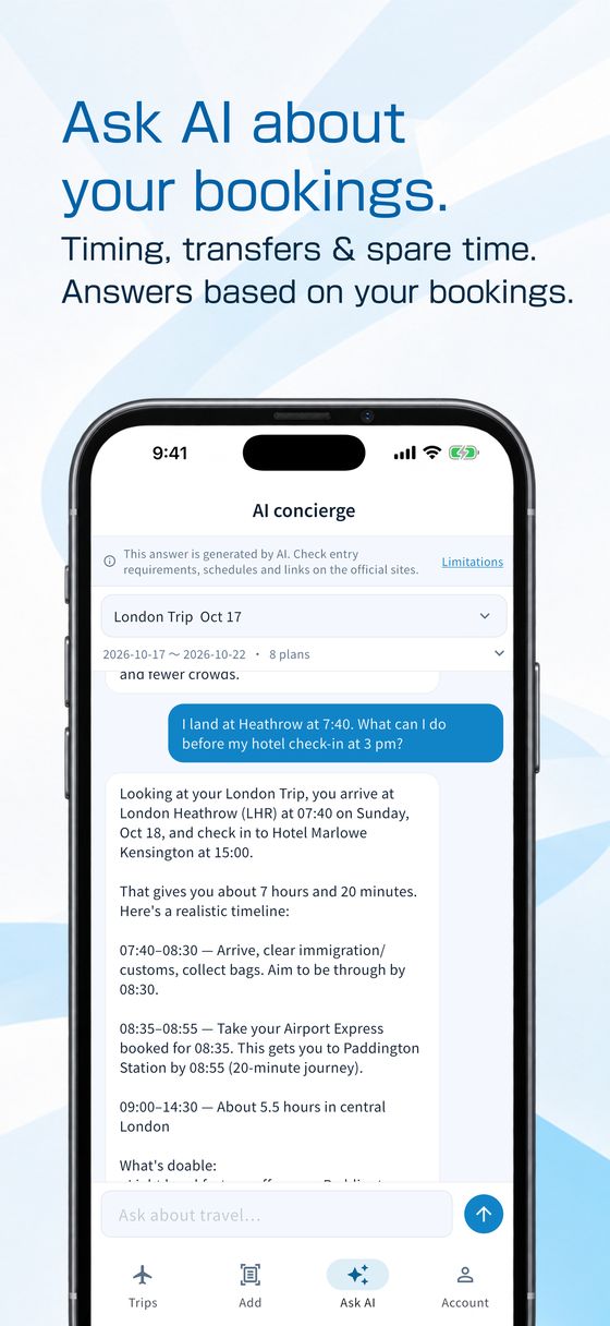 Ask AI about your bookings. Timing, transfers and spare time, answers based on your bookings — the Ask AI screen