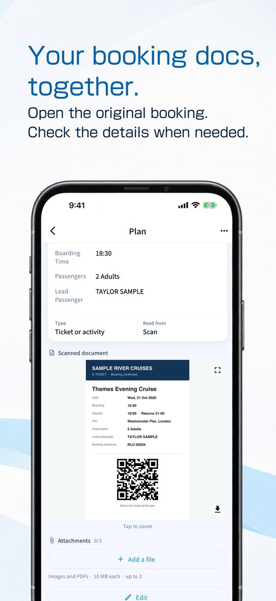 Your booking docs, together. Open the original booking and check the details when needed — a plan with its scanned document